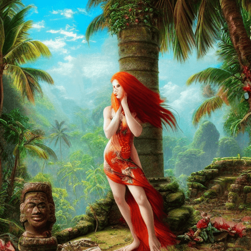 AI generated: A beautiful woman with long red hair standing in the ruins of an ancient city on a tropical island, ...