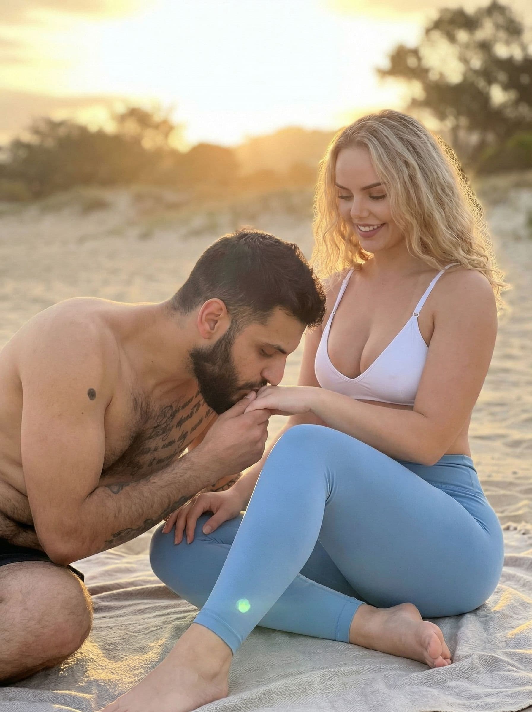 AI generated: A romantic, artistic scene of a couple — man gently kissing wife's foot - in soft lighting, respectf...