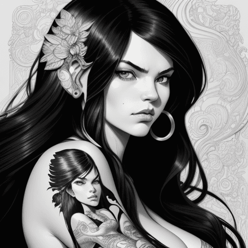 AI generated:  black and white illustration in the form of a woman with flowing hair, in the style of martine joha...