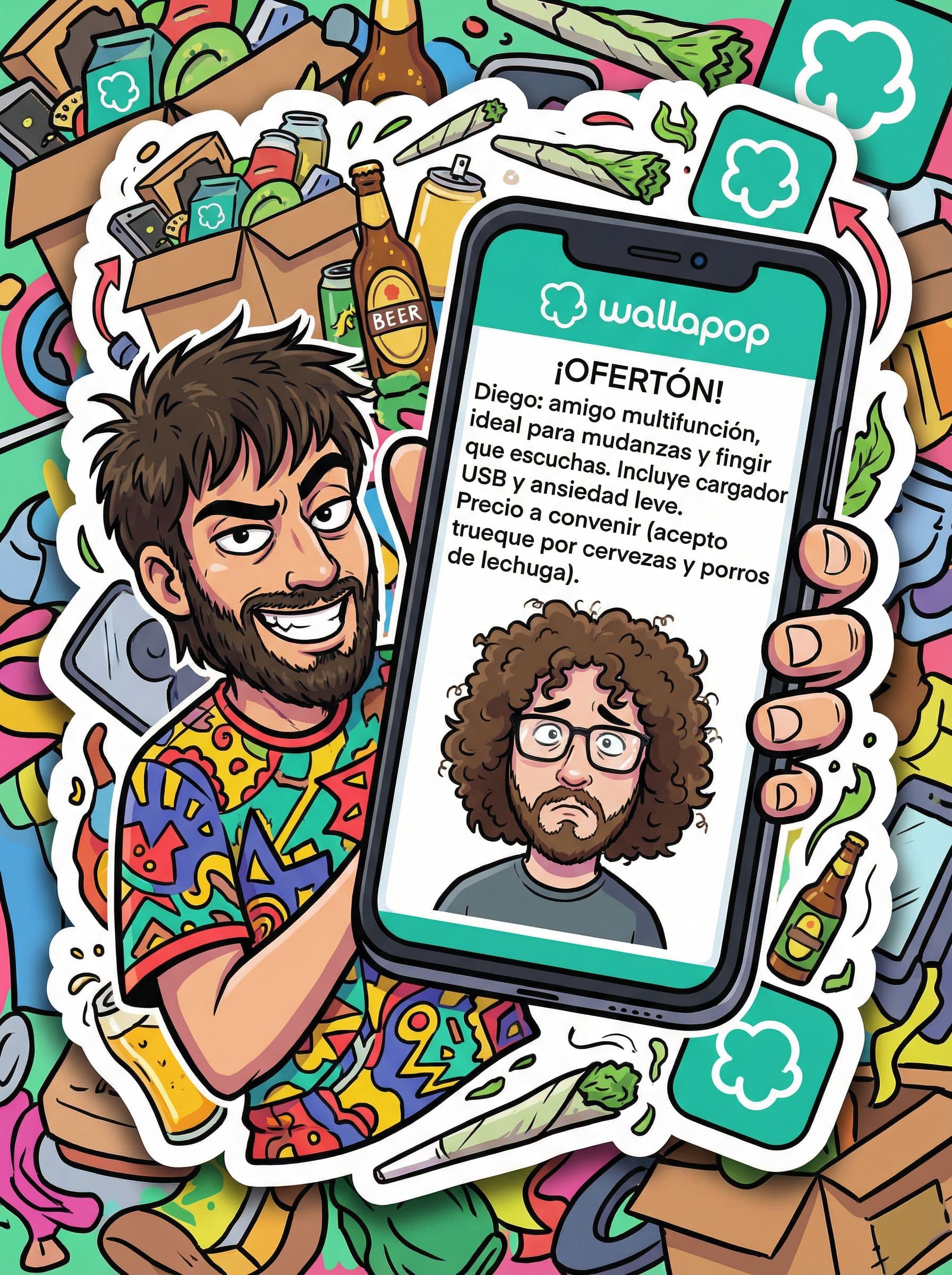 AI generated: Diseño de pegatina en estilo cartoon, colorido y deliberadamente caótico. Freddy, con su camiseta ho...