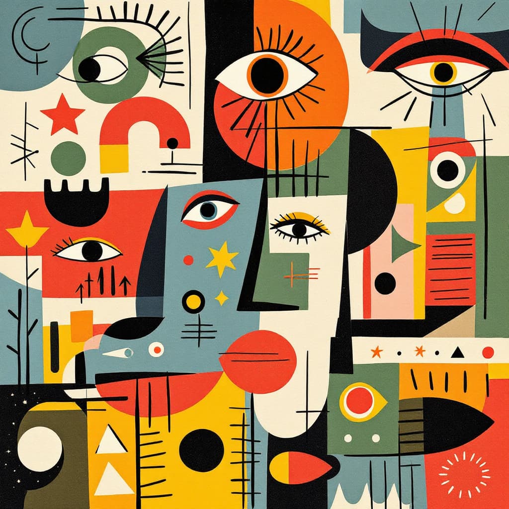 AI generated: A colorful poster with various shapes and patterns, including eyes, musical notes, arrows, squares, ...