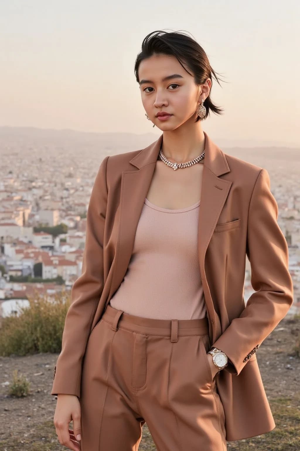AI generated: A woman stands confidently against a backdrop of a sprawling cityscape at sunset, her hair styled in...
