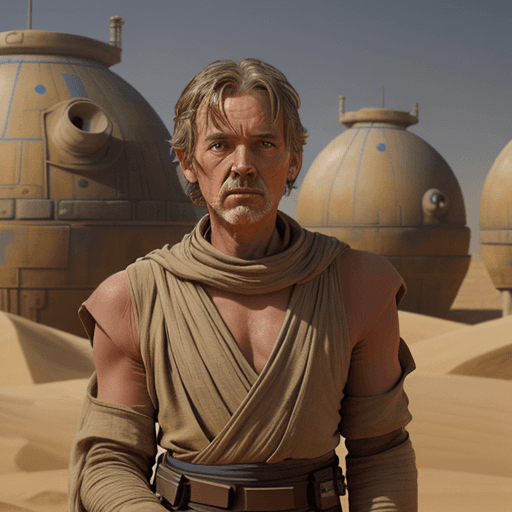 AI generated: Close up photography of a Jedi hiding in Tatooine, looking over his shoulder, beware of risks, --ar ...