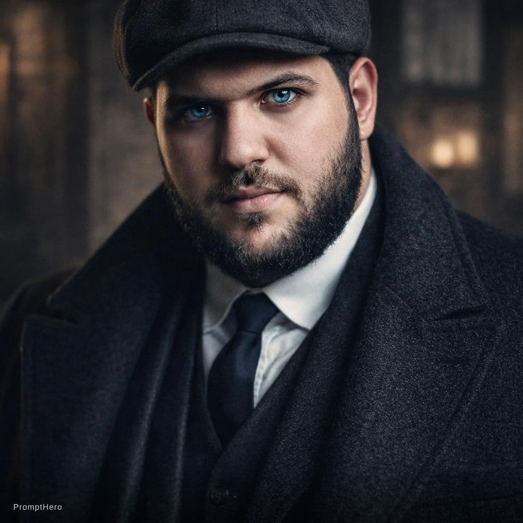 AI generated: Show me clear with my real blue eyes like mafia with big jacket like tomas shelby