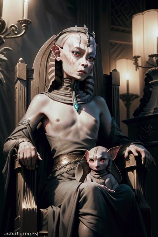 AI generated: Game Of Thrones tv still, (hairless sphinx cat:1.2) as queen cersei wearing a crown and sitting in a...