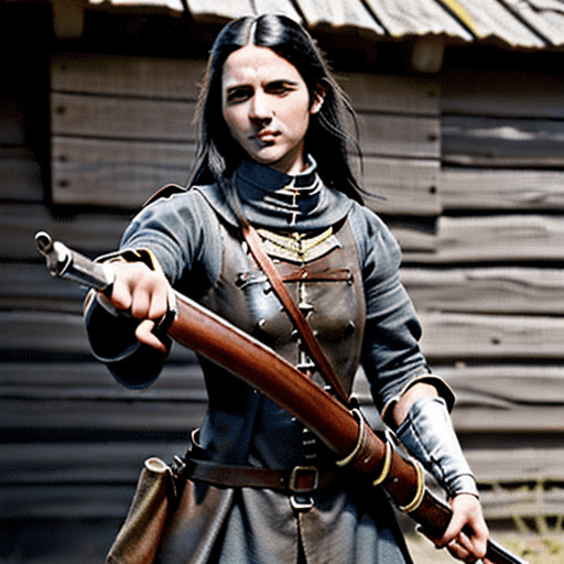 AI generated: Musket in hand, medieval, engineer, leather jerkin, renaissance, dirty looking, Pouch over shulder, ...