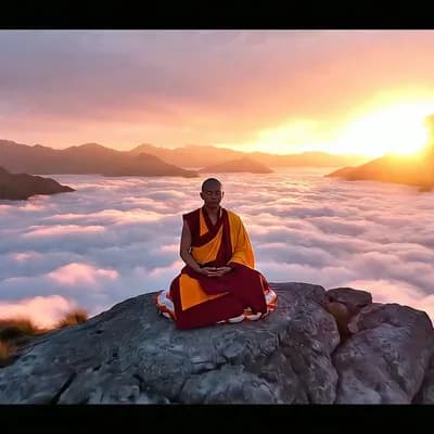 AI generated video: A monk sits cross-legged at the edge of a mountain above the clouds. Camera: wide shot transitioning...