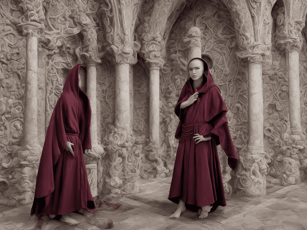 AI generated: 
High-resolution photography of with the focus one soprano singer a female monk in dark burgundy hig...