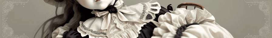 AI generated: Creepy Victorian porcelain doll , a babydoll, Pale face, cracked, intricately detailed dress, glassy...