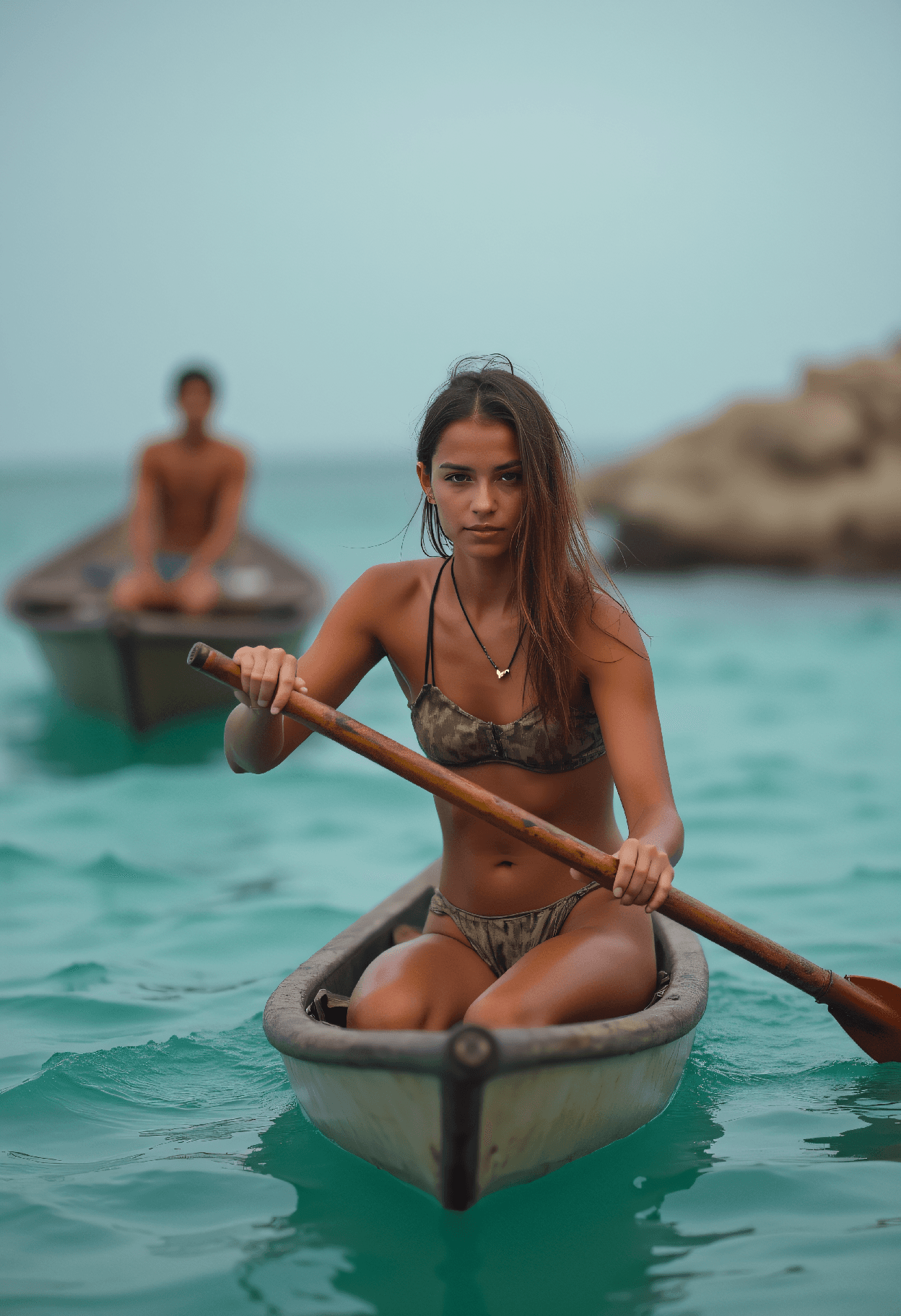 AI generated: Muscular woman with six-pack abs paddling outrigger canoe, powerful core rotation showing defined mu...