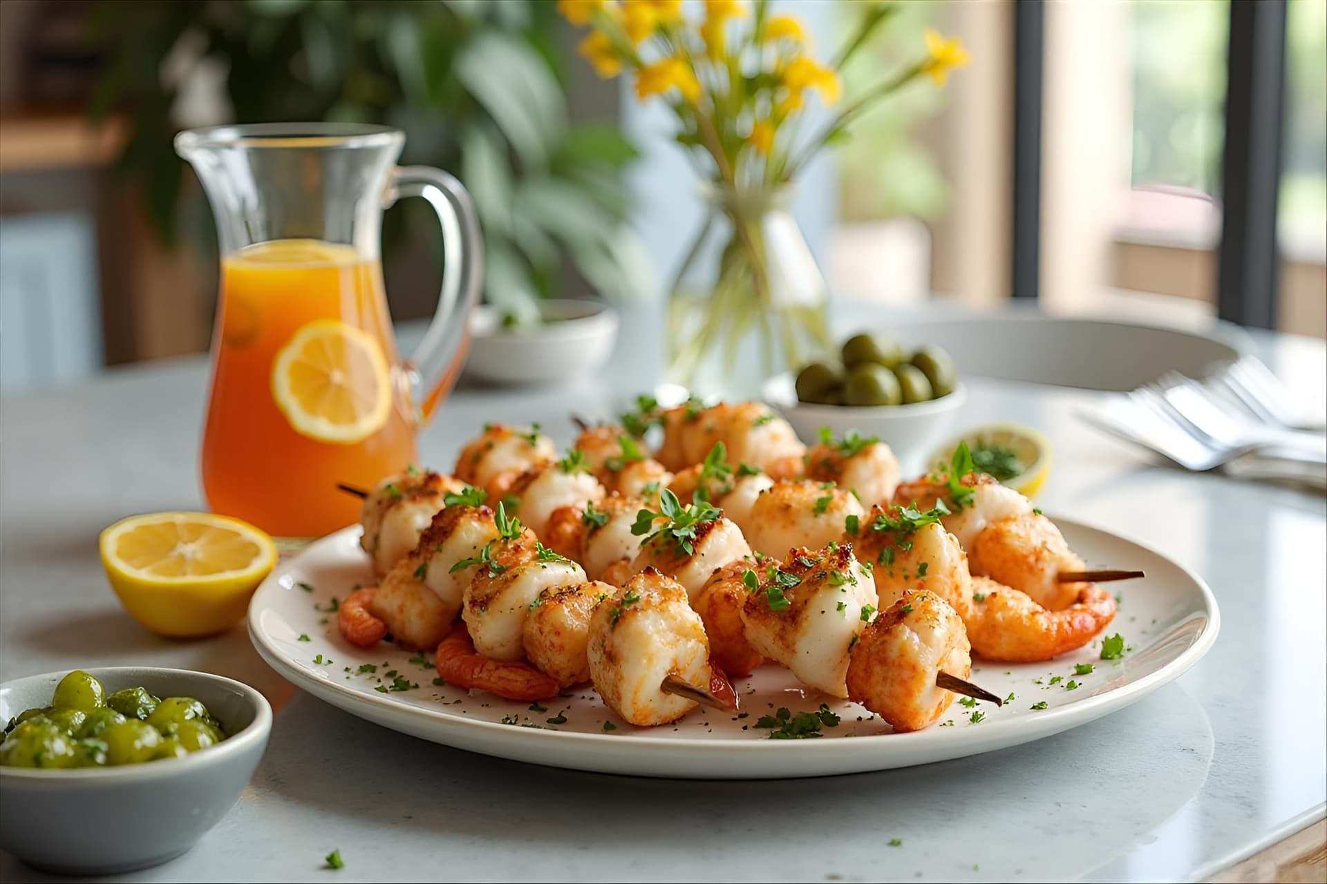 AI generated: beautifully presented grilled seafood skewer platter on a sleek, modern dining table, featuring skew...
