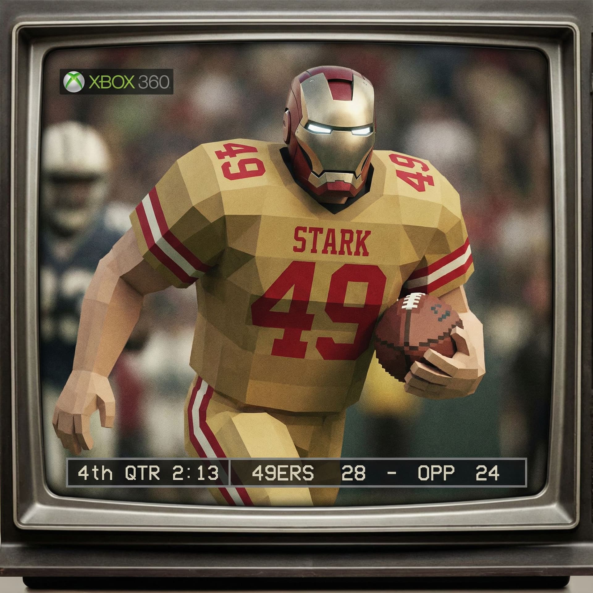 AI generated: Marvel's Ironman playing football, dressed in 49ers uniform, san francisco 49ers jersey, realistic p...