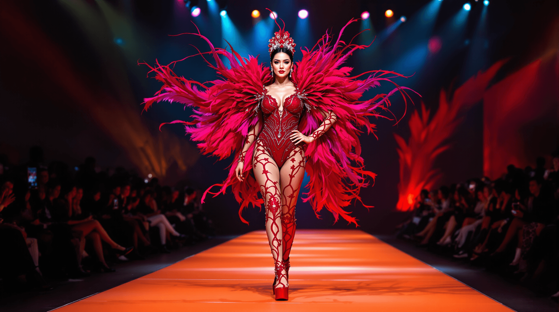 AI generated: A stunningly Curvy expressive model Woman, 20s-30s, of East Asian descent, strides down a fashion ru...