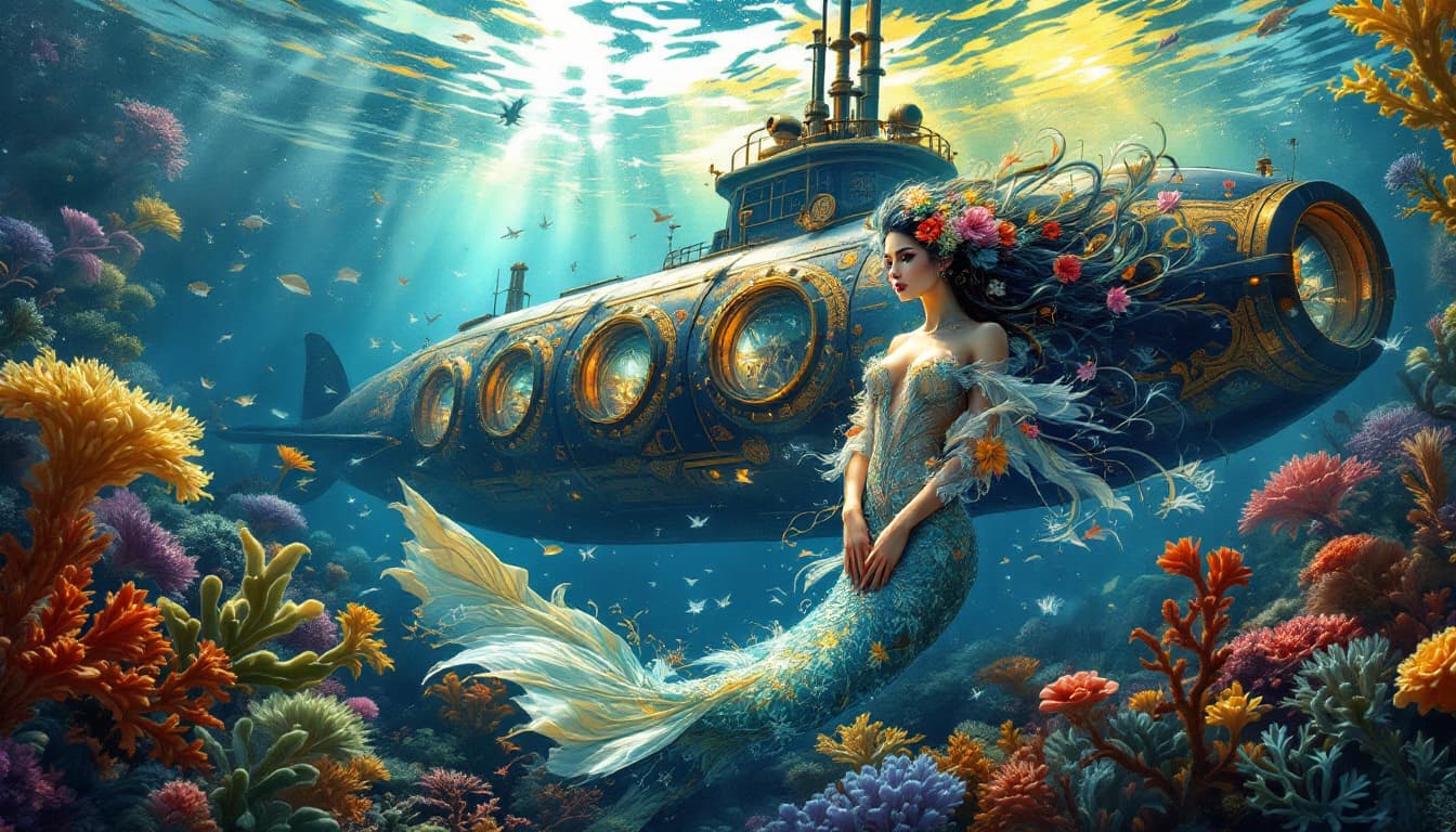 AI generated: Envision a photorealistic rendering of a 1920s steampunk submarine, echoing Jules Verne's imaginatio...