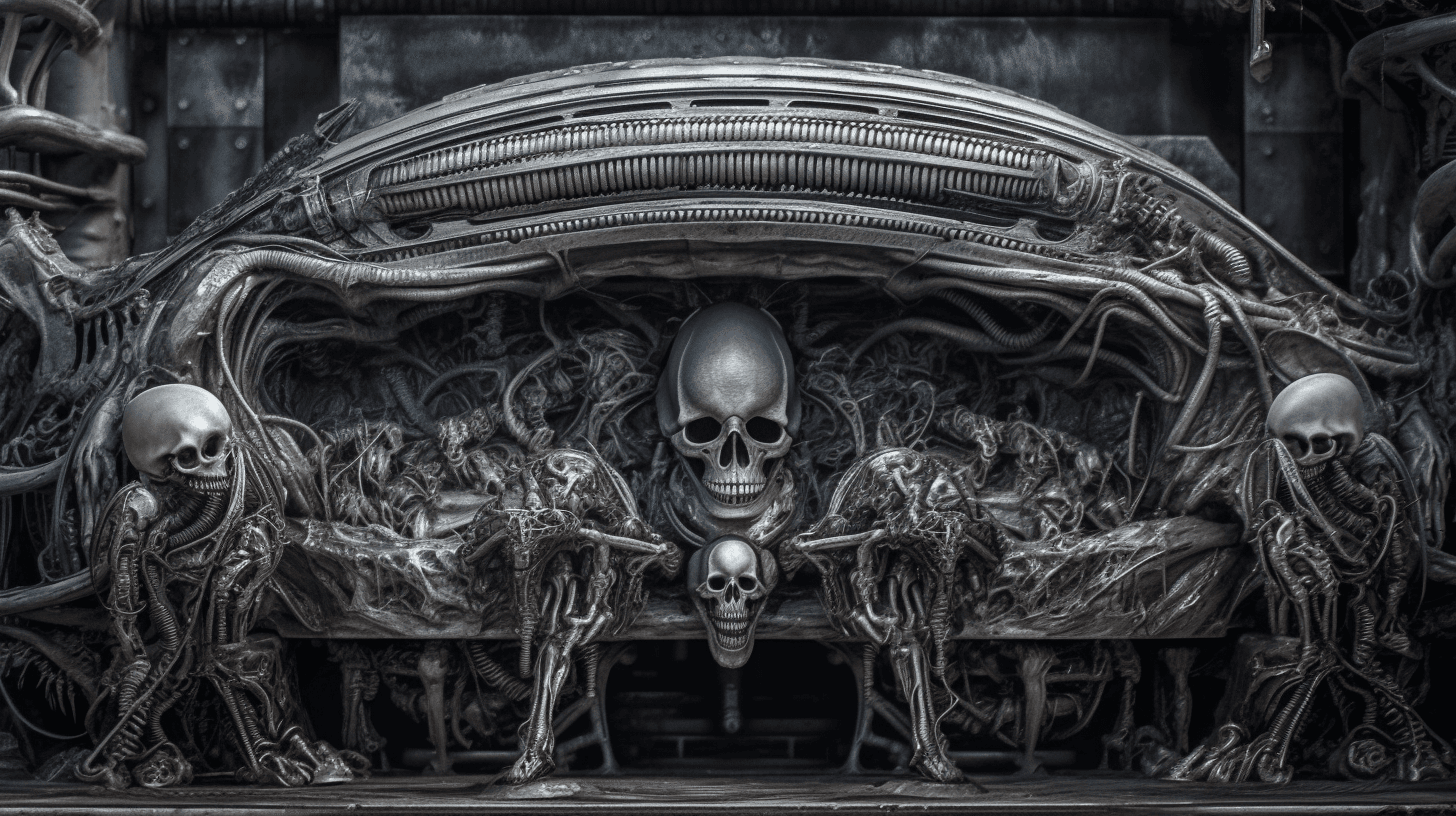 AI generated: H. R. Giger biomorph architectures, alien spaceship interiors with Giger xenomorphs and biomorphs an...