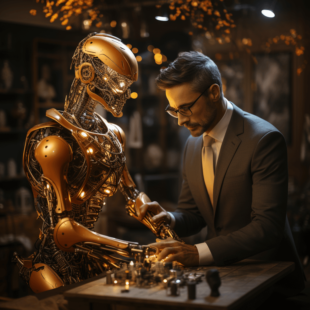 AI generated: black and teacher working with ai bot while writing on a board, retro futuristic, octane render, det...