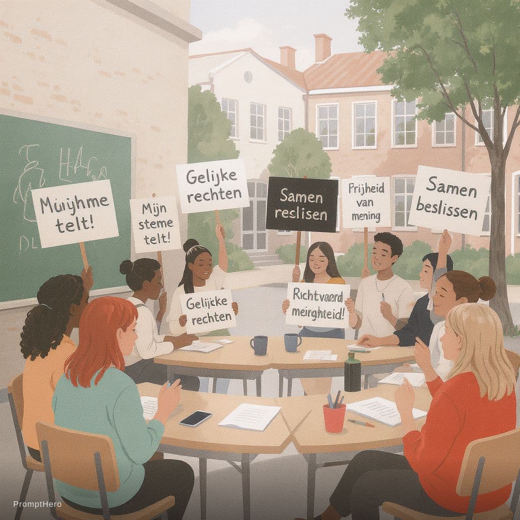 AI generated: Lofi illustration of a group of Flemish secondary school students aged 16-18 in a classroom and scho...
