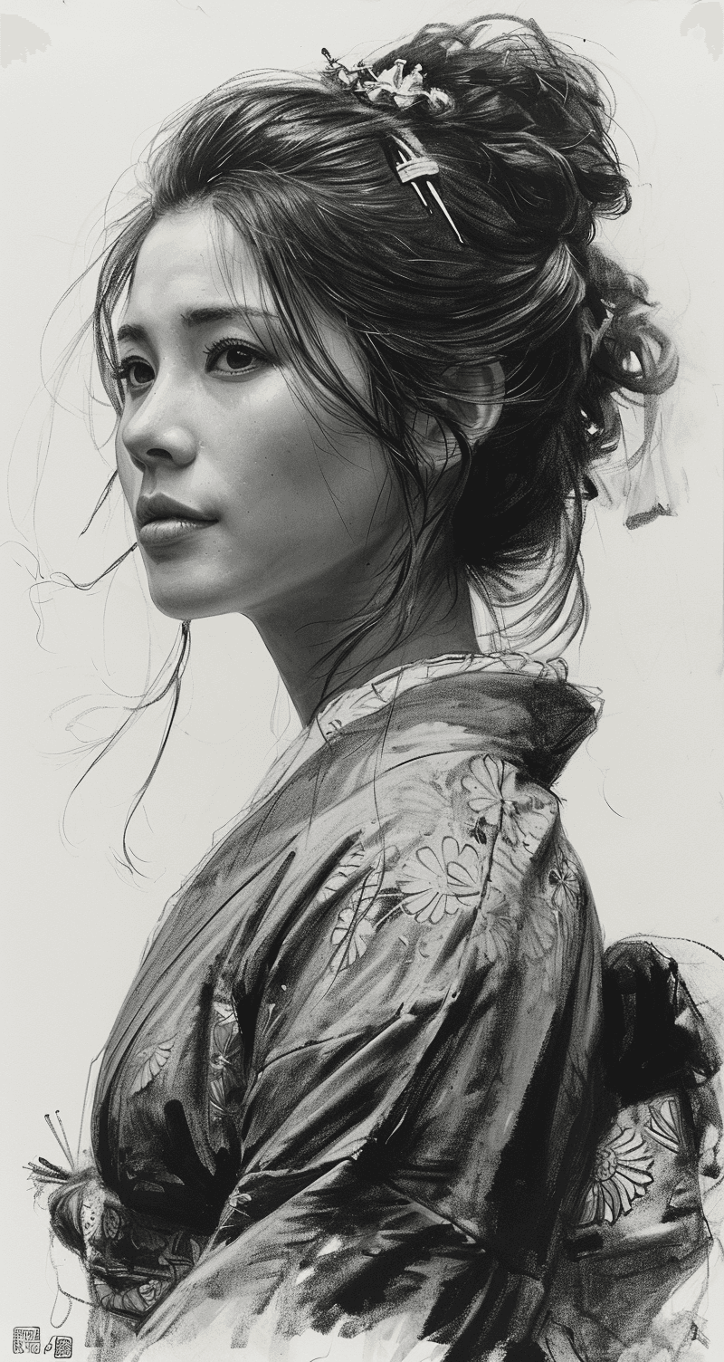 AI generated: Japanese ink drawing of a stunning Japanese woman, side view, face only, traditional attire --ar 68:...