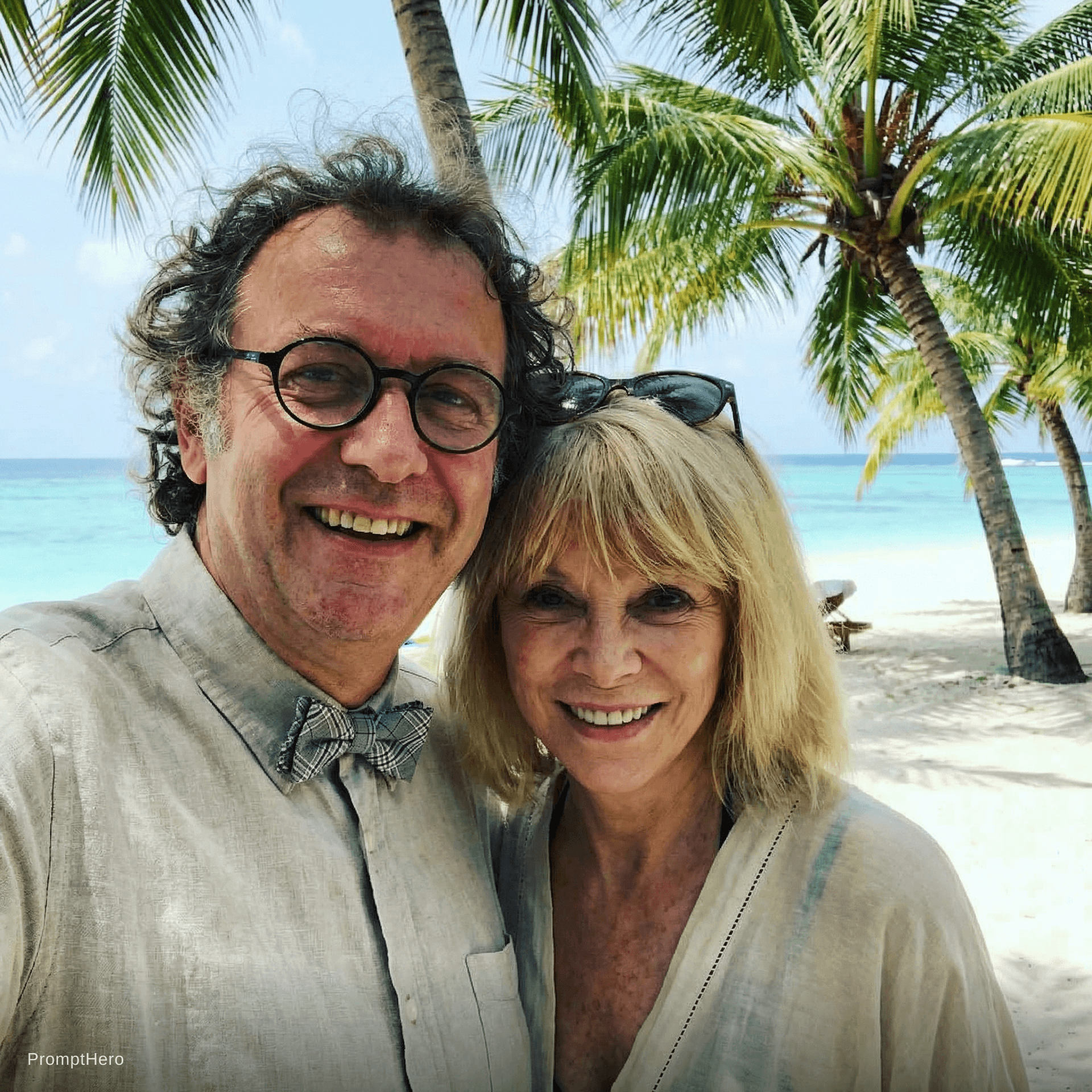 AI generated: with mireille darc at a tropical beach, sunny day, both smiling