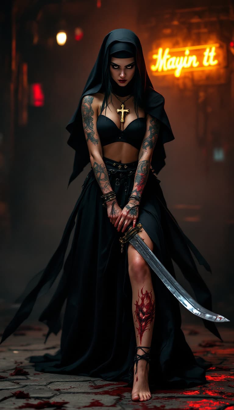 AI generated: Full body view of a young beautiful tattooed nun with a modern twist. She wears traditional nun atti...