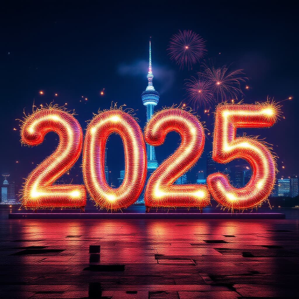 AI generated: ballonns,fire smoker,Taipei 101building,4K,flime feel , written "Happy New Year 2025" written accura...