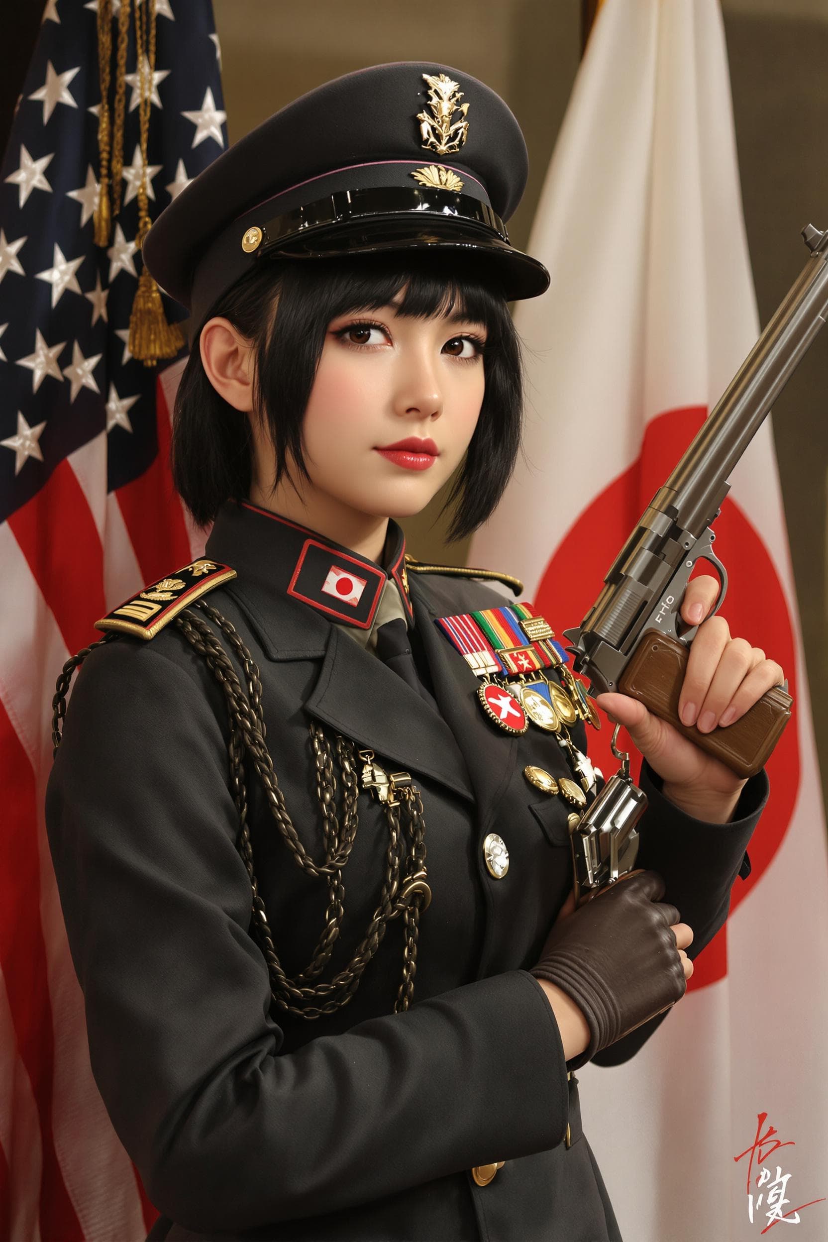 AI generated: Paint a beautiful japanese army girl,black hair,japanese empire ww2 officer uniform ,nambu pistol,ja...