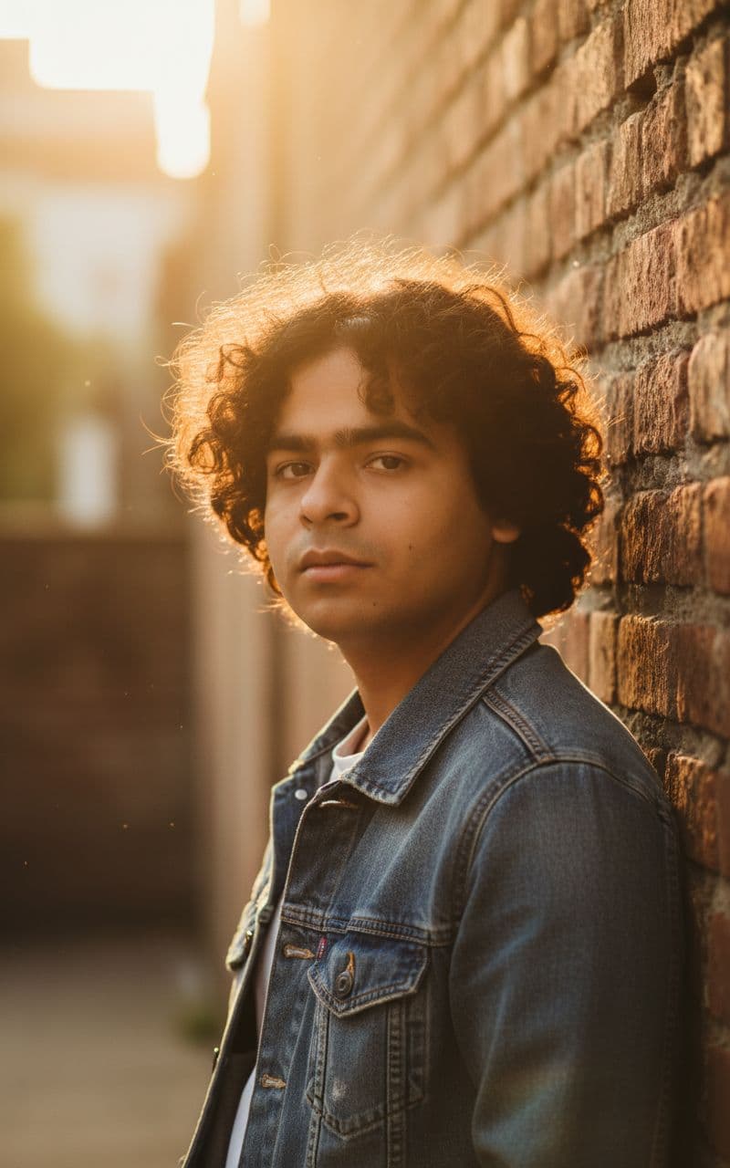 AI generated: A portrait of a young man with curly brown hair, bathed in warm, golden hour sunlight. He is leaning...