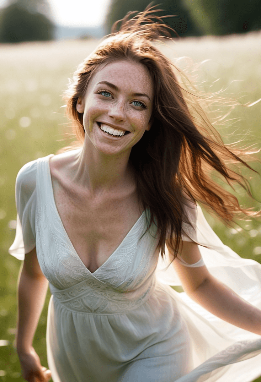 AI generated: This is a photograph of a woman with long, dark auburn hair hanging over her shoulders. A big smile ...