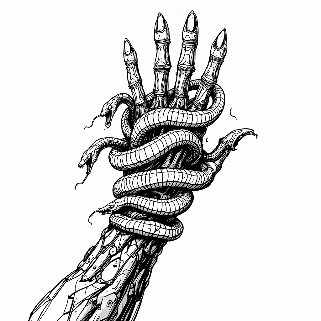 AI generated: llustration of , a gray zombie hand wrapped by 6 evil snakes full length view, dynamic art, action p...