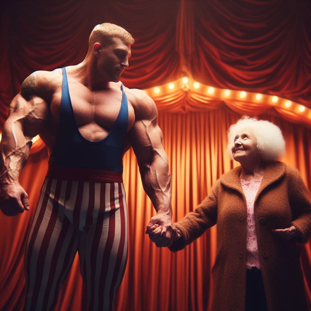 AI generated: A circus strongman, holding hands with his sweet mother, convey the contrast of frailty and strength