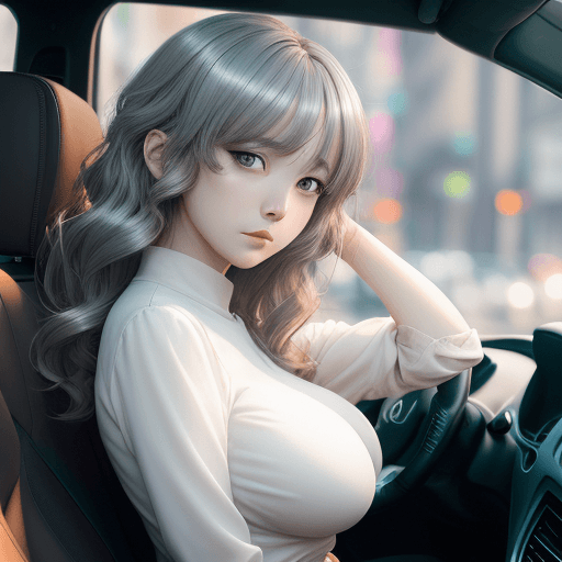 AI generated: a woman leaning in her car on the street, in the style of luminous portraits, charming anime charact...