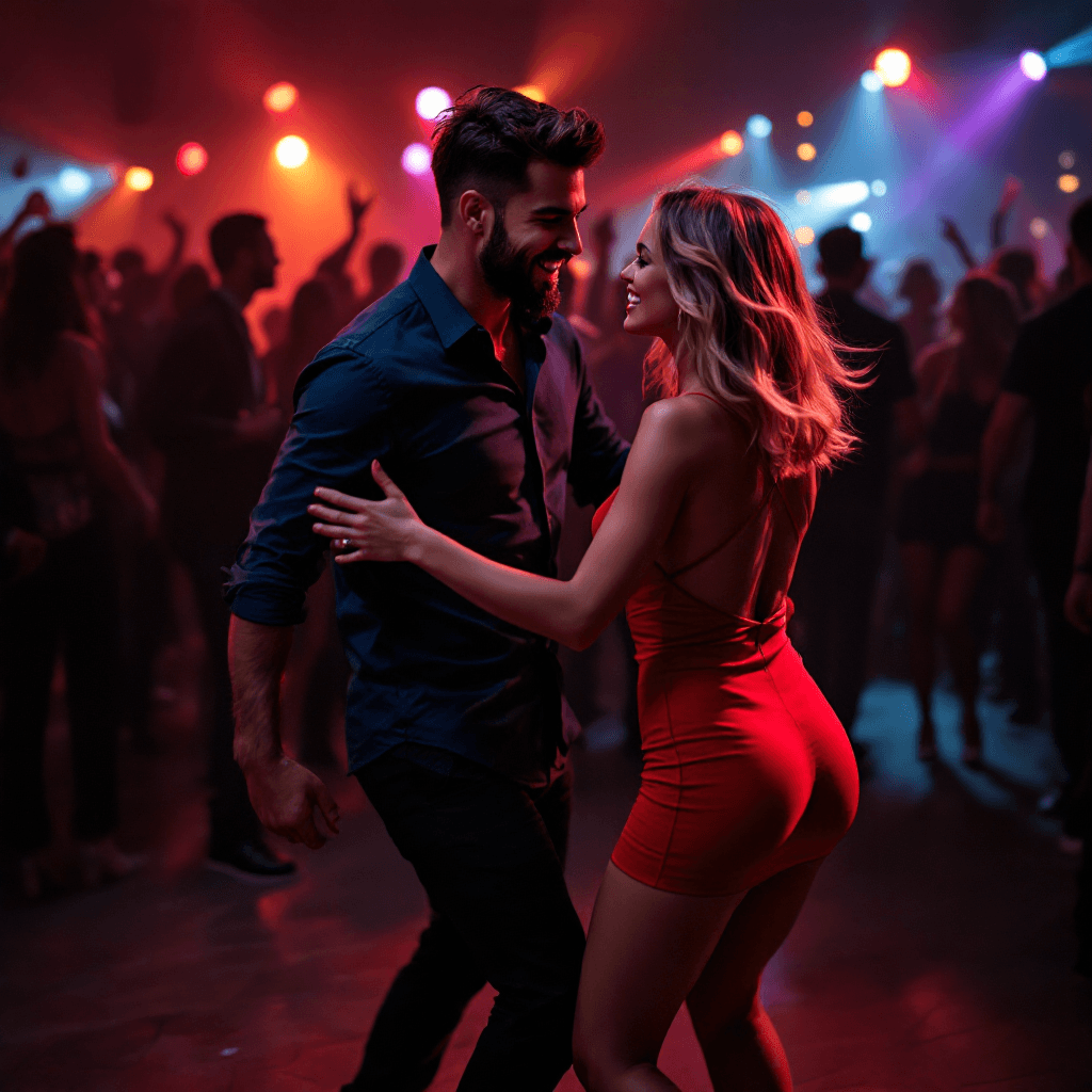 AI generated: Wide angle photo of a beautiful couple (Mike and Ana) dancing wildly in a crowded rave party. Mike (...