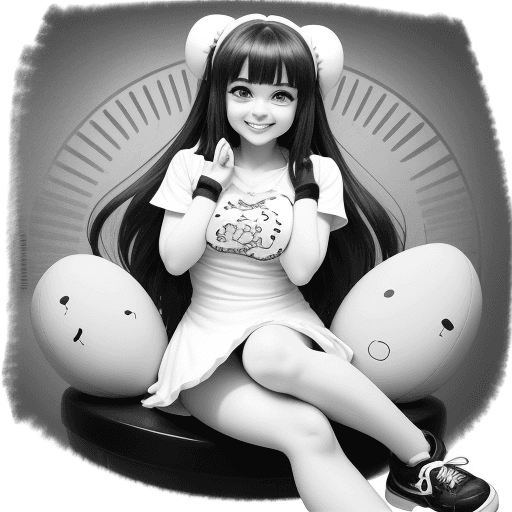 AI generated: Cartoon girl smiling, Anime cute, big beautiful eyes, fully seated, smile,{{{{{{black and white styl...