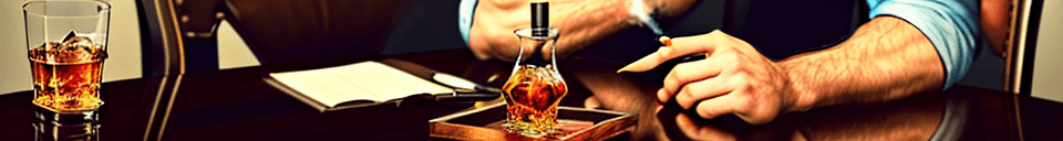 AI generated: A man sits on a chair, smokes a cigarette, there is a glass table next to him, there is whiskey 