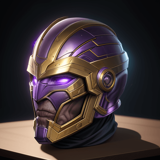 AI generated: helmet on the table with the design and character of thanos The helmet is gold and purple dark, no w...