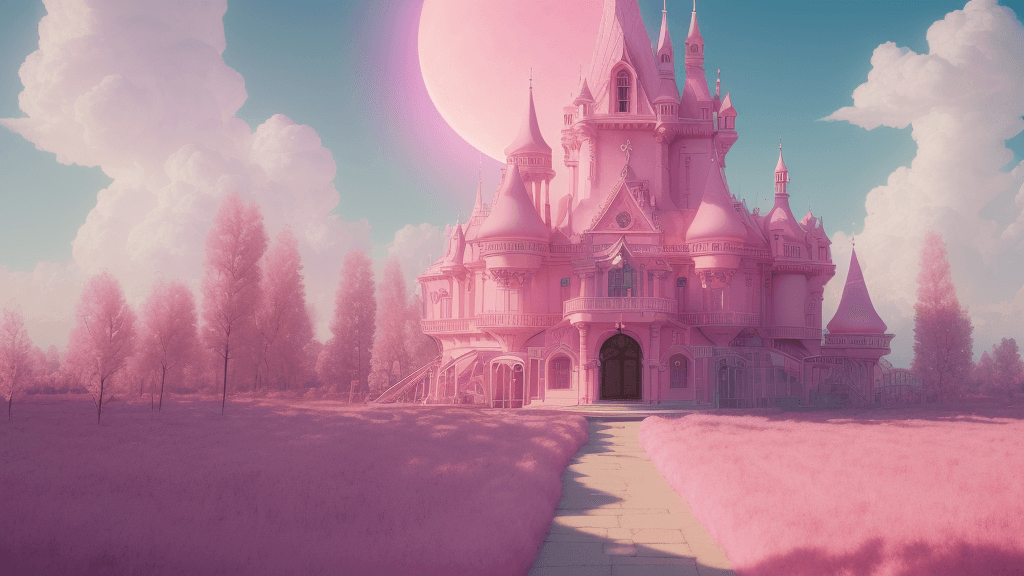 AI generated: a path to a dream crystal pink castle, clouds like Marshmallow, the image is like beautiful dream, p...