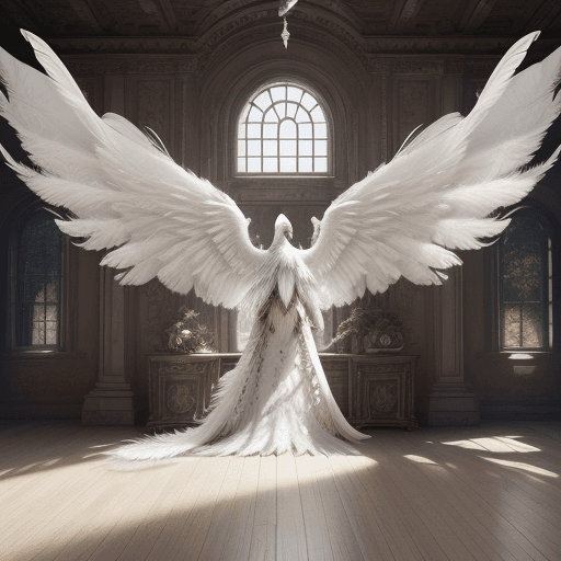 AI generated: epitome of biophilic design, realistic and detailed, extra large white wings, real feathers, digital...