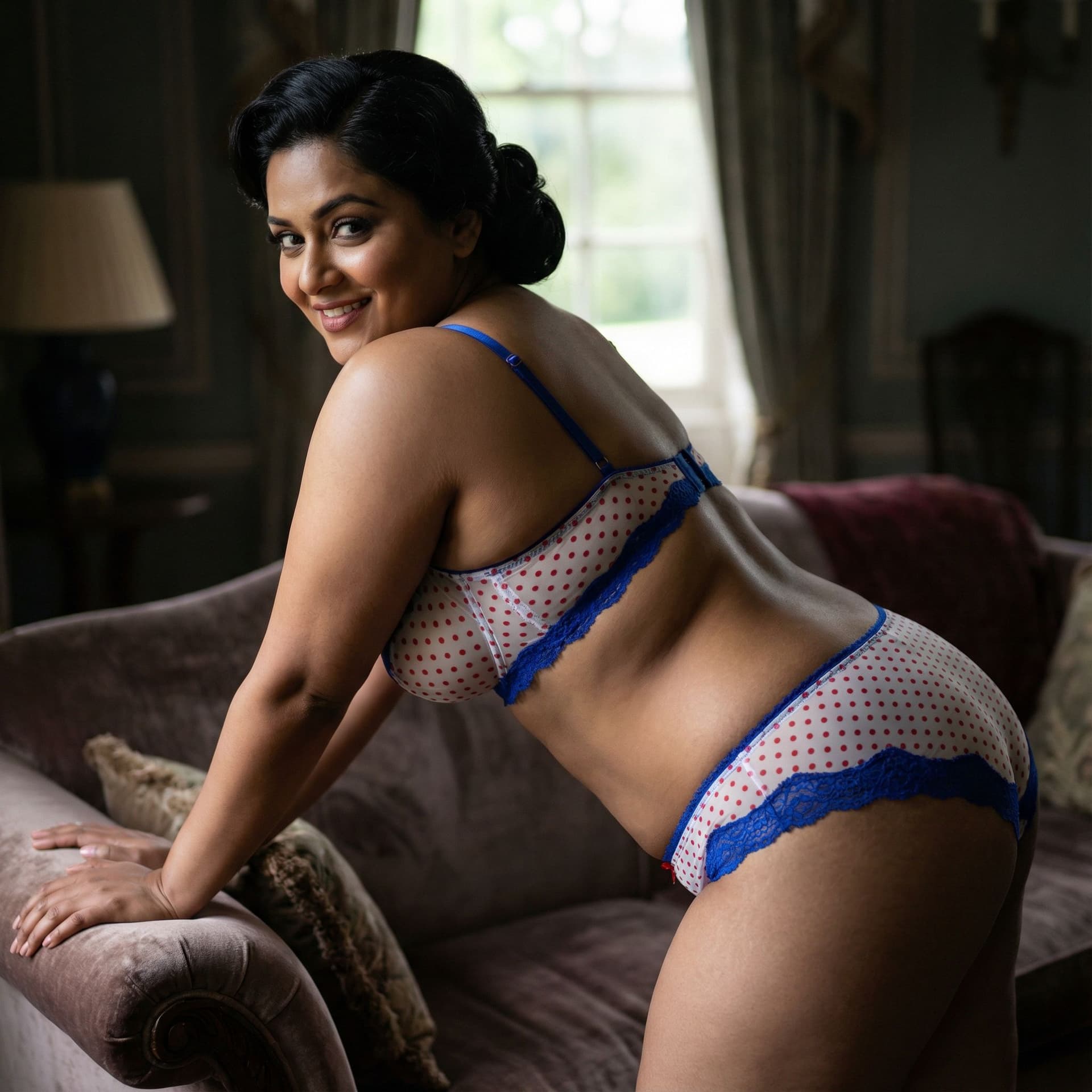 AI generated: a full front view body realistic sexy face picture a slightly plus size Indian hot and sexy woman se...