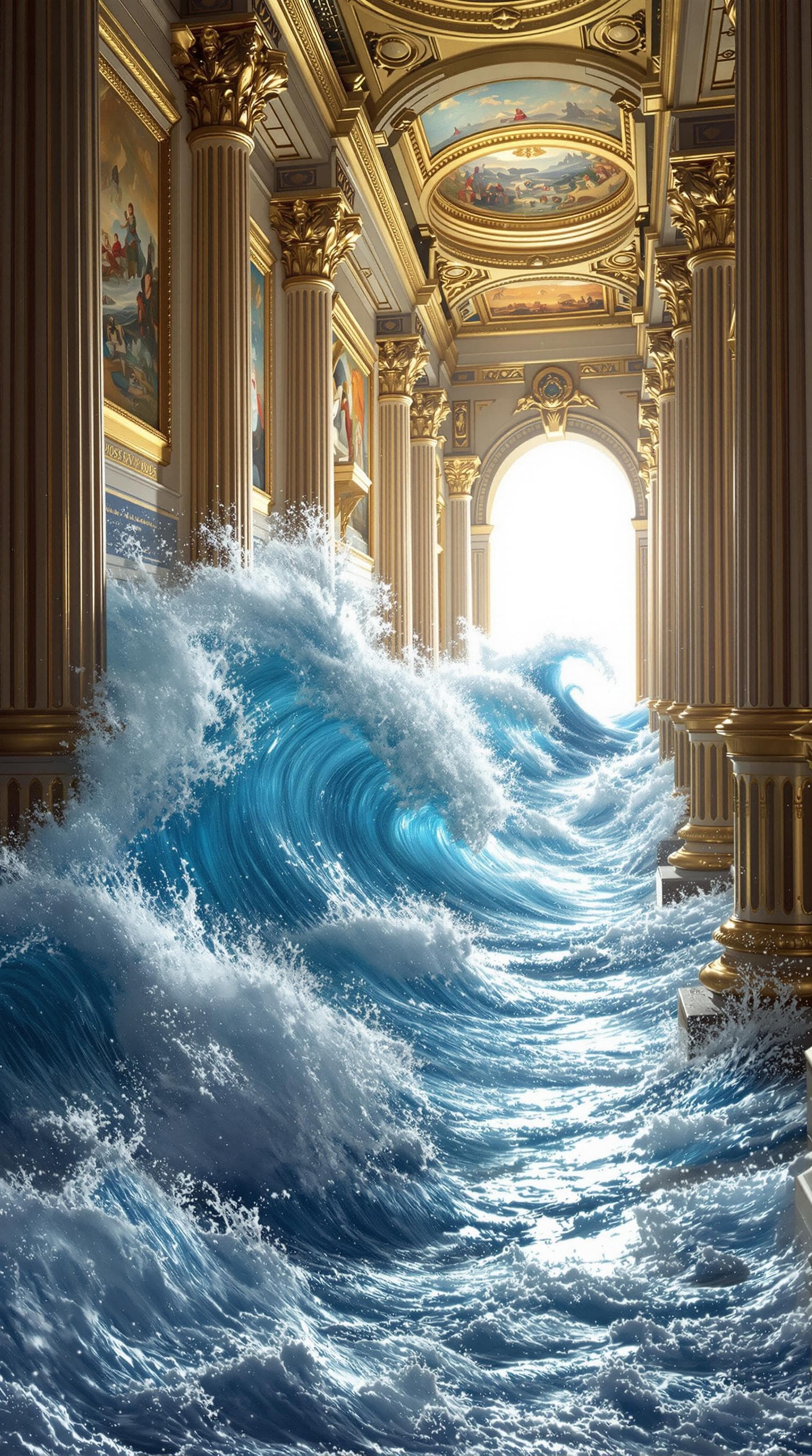 AI generated: Create a hyper-realistic scene of a grand, classical hallway inside an opulent palace. The hallway i...