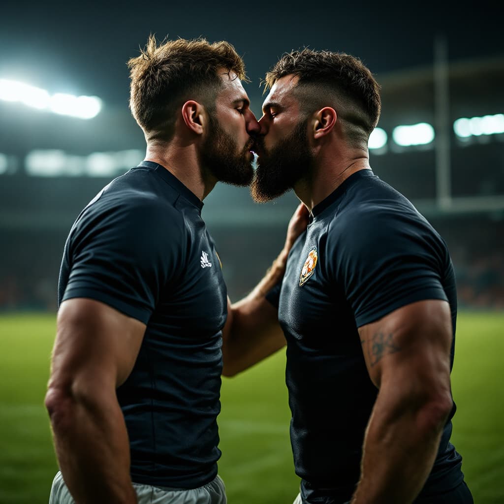 AI generated: two rugby men kissing on a rugby field