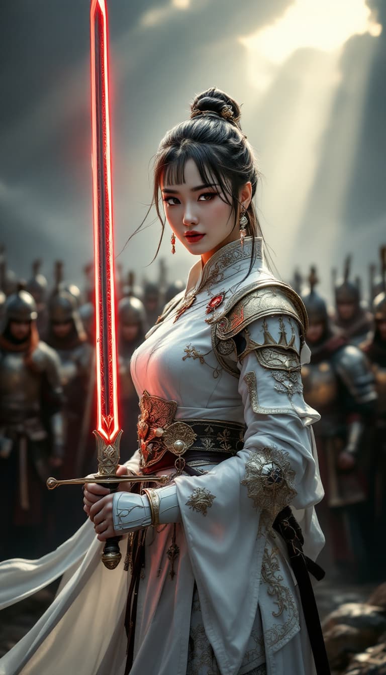 AI generated: Female oriental knight in full armor, hkstyle, white with gold embellishments, bangs, earrings, hold...