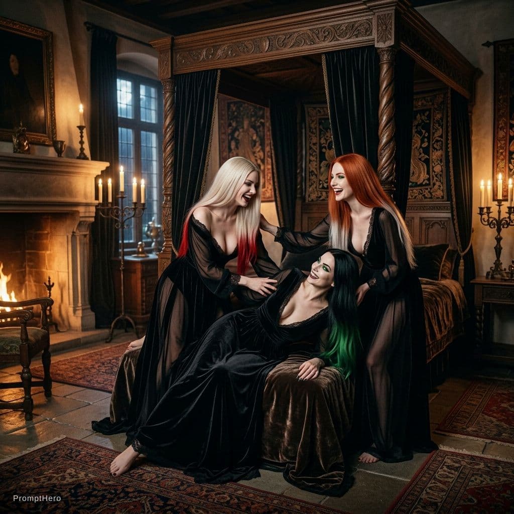 AI generated: Intensely sensual and joyful dark vampire scene in a luxurious medieval bedroom at night, three gorg...