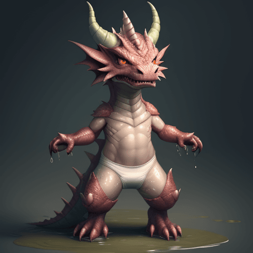 AI generated: And anthropomorphic dragon, wearing a wet and messy diaper.