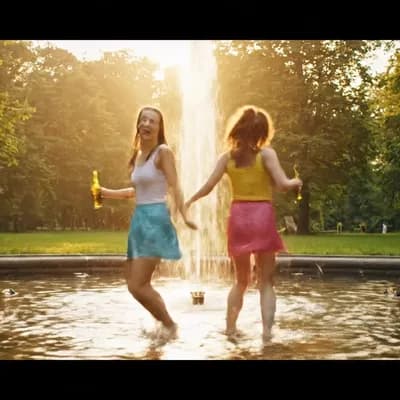 AI generated video: (Romantic summer scene in a lush park:1.5). A joyful women couple dancing barefoot in a sparkling fo...