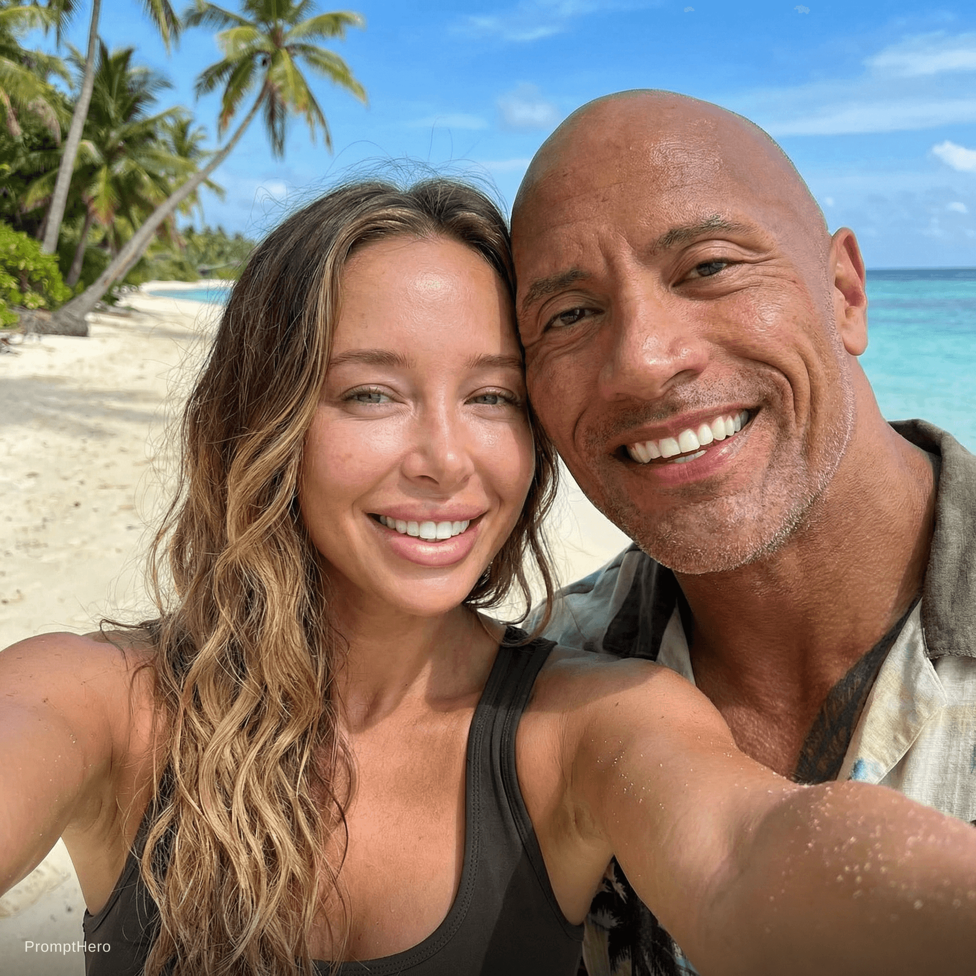 AI generated: with Dwayne Johnson at a tropical beach, sunny day, both smiling{
  "prompt_type": "descriptive_repl...