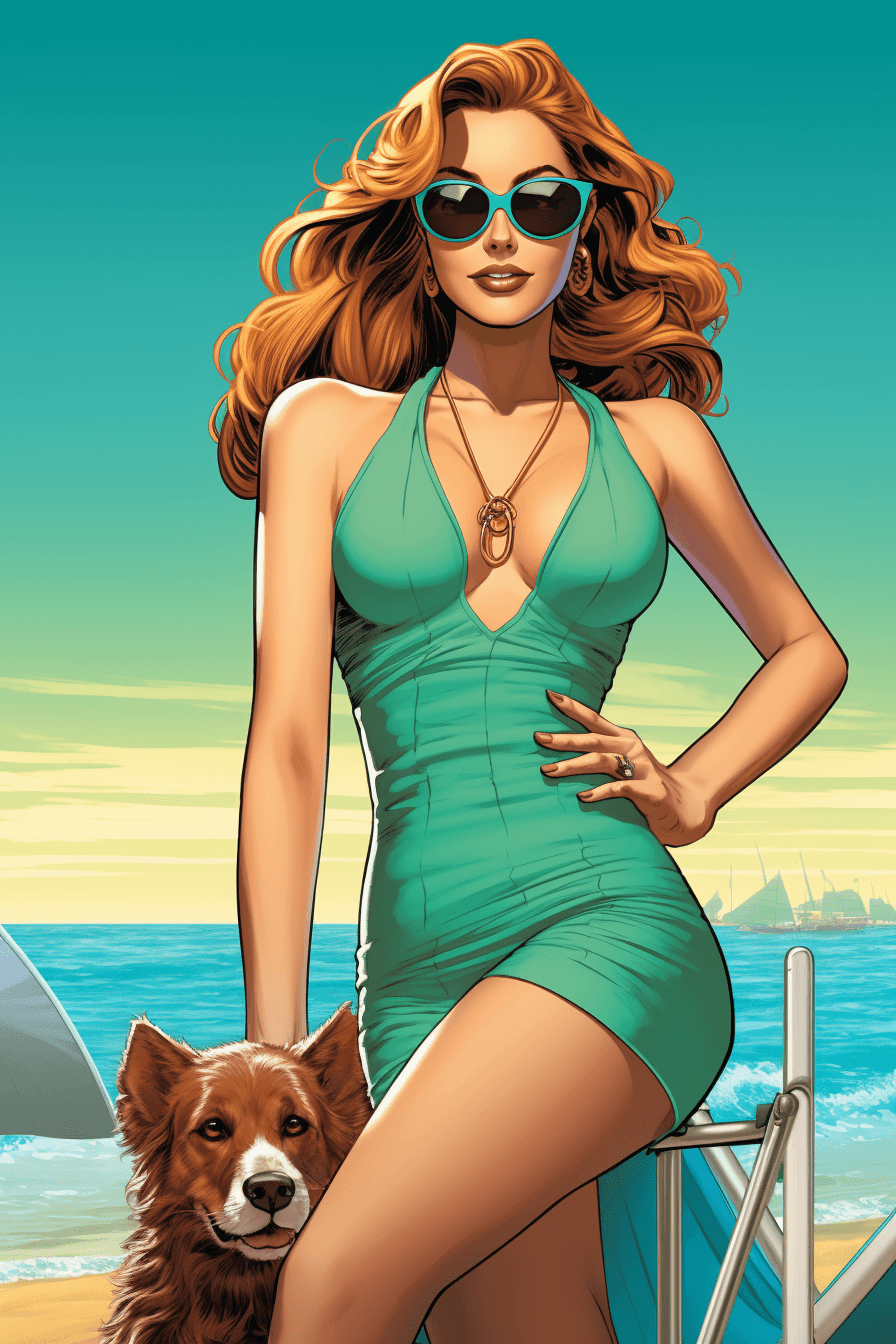 AI generated: A girl in a on the beach in a bikini, in the style of vivid comic book artist, disney animation, rea...