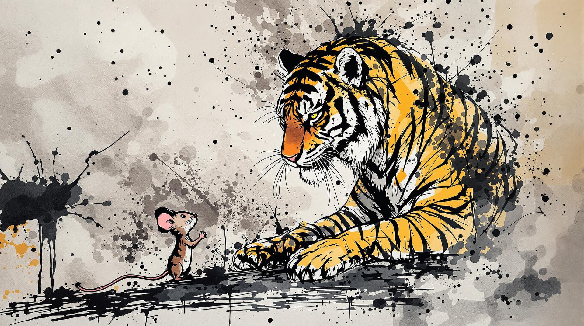 AI generated: a mouse standing around a tiger ,the tiger and the mouse are same sized,detailed,ink style,Ink splas...