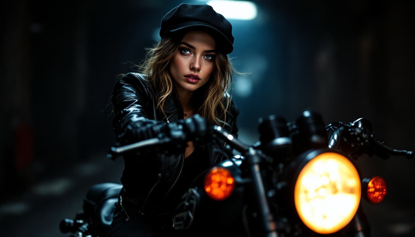 AI generated: photograph, full-body shot, young woman model, on a motorcycle, heavy metal, street fashion style, b...