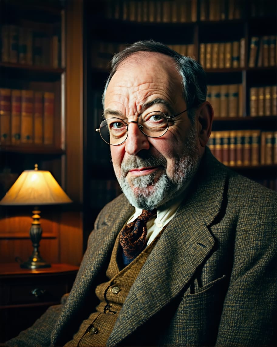 AI generated: "Portrait of C.S. Lewis, a middle-aged man with a round, expressive face, warm brown eyes, and a nea...