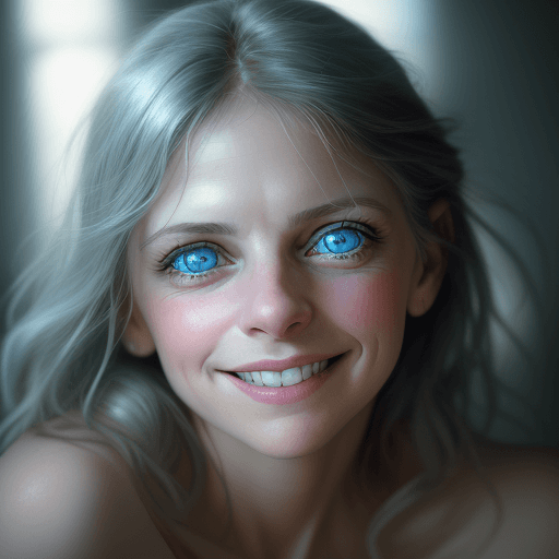 AI generated: smiling,colors, sharp light blue eyes, A soul-stirring close-up portrait of a woman, grins, her grac...